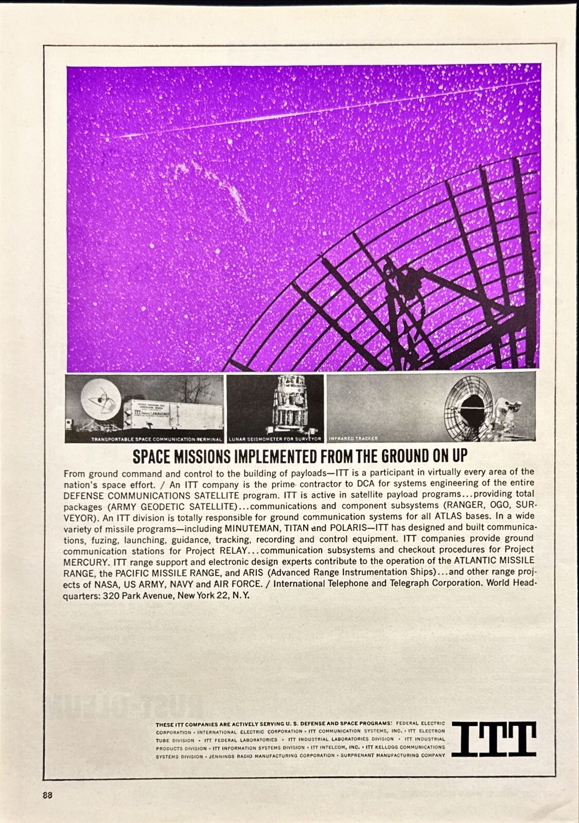 ITT Space Missions From The Ground on Up Vtg Print Ad 1963