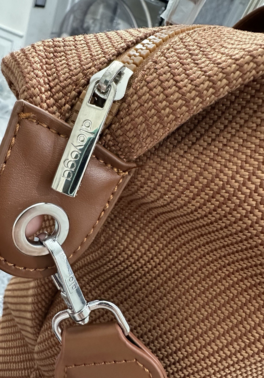 alo Brown Grip tote bag zip Button Closure Adjustable Strap Logo