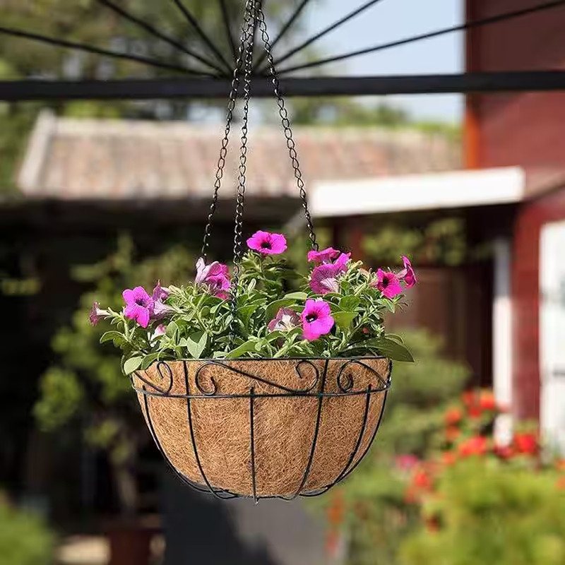Large 12 In. Dia Black Metal Hanging Basket with Coco Liner (2-Pack)