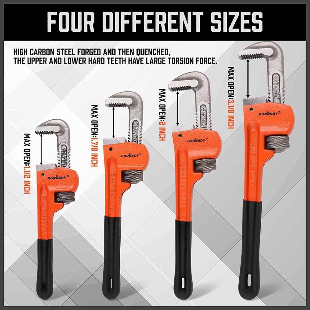 4 Pack Heavy Duty Adjustable Pipe Wrench Set 8" 10" 12" 14"