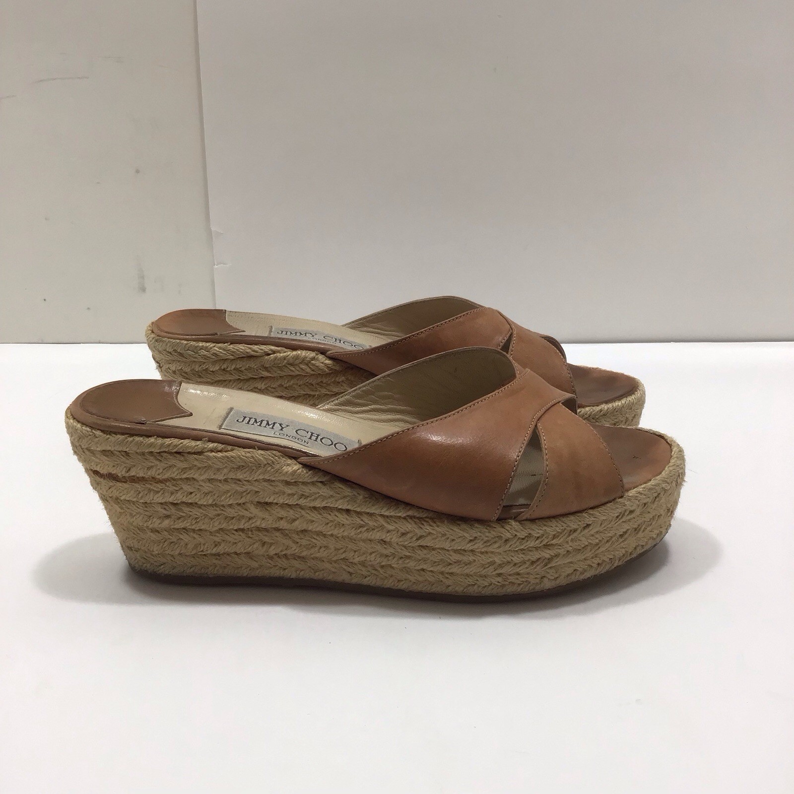Jimmy Choo Leather Espadrille Wedge Slip On Shoe 7.5 Straps Sandals Nude 3” Heel