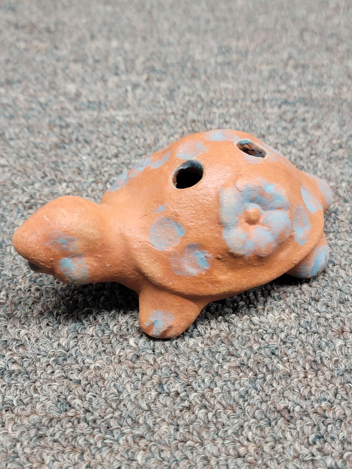 Handmade Clay Turtle Ocarina Flute Whistle Terracotta Blue Dots Figure Music