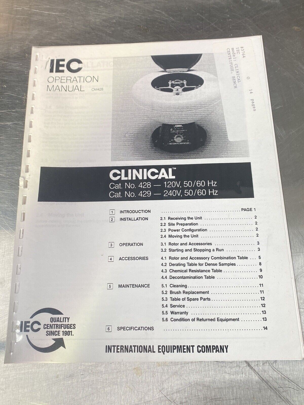 IEC Clinical Benchtop Centrifuge 438 429 - Users Manual / Guide Book