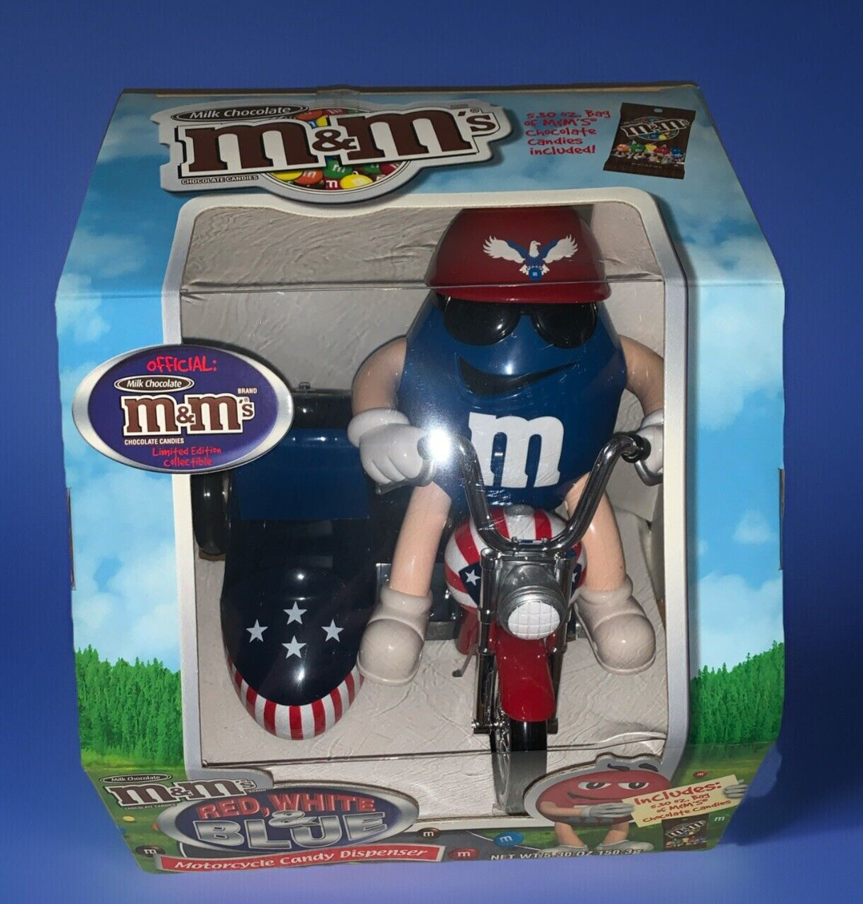 M&M's Candy Dispenser Red White and Blue Motorcycle New In Box No Candy