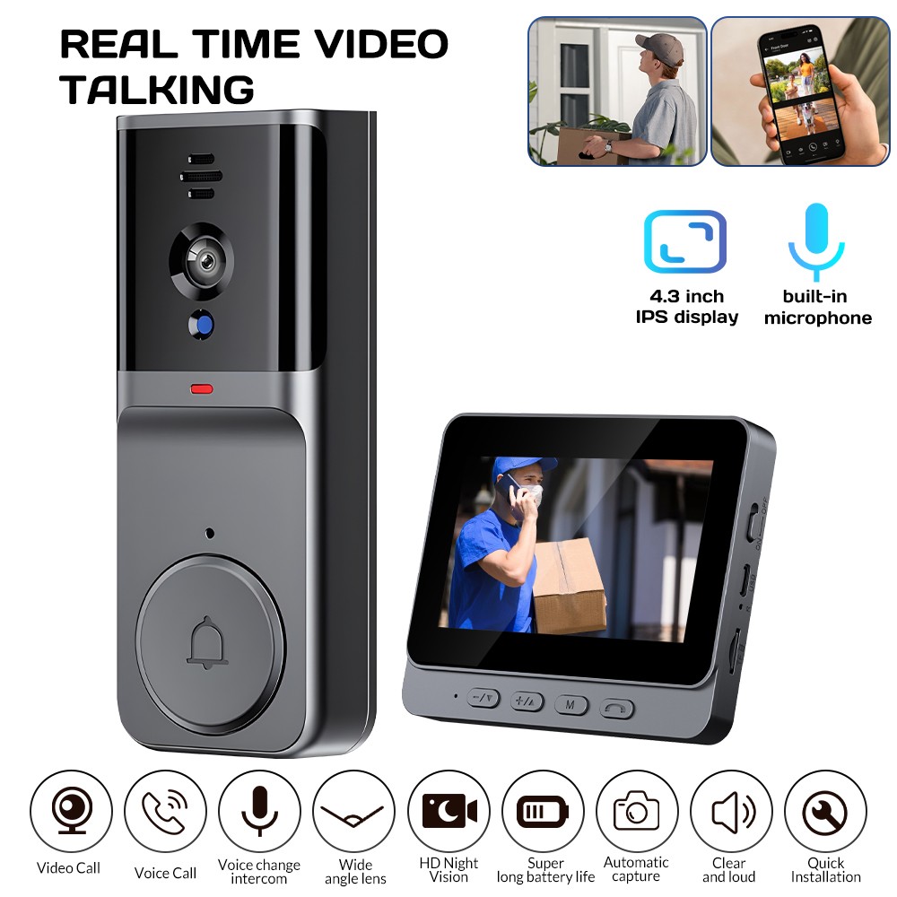 2.4G Wireless Smart 4.3" LCD Screen Intercom Video Doorbell Camera Monitor Home