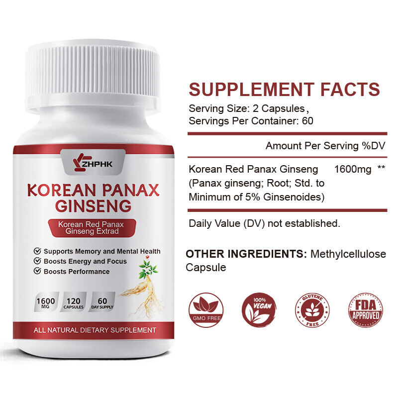 Red Korean Panax Ginseng 1600mg 60 Capsules - Energy/Endurance/Memory/Sex Drive