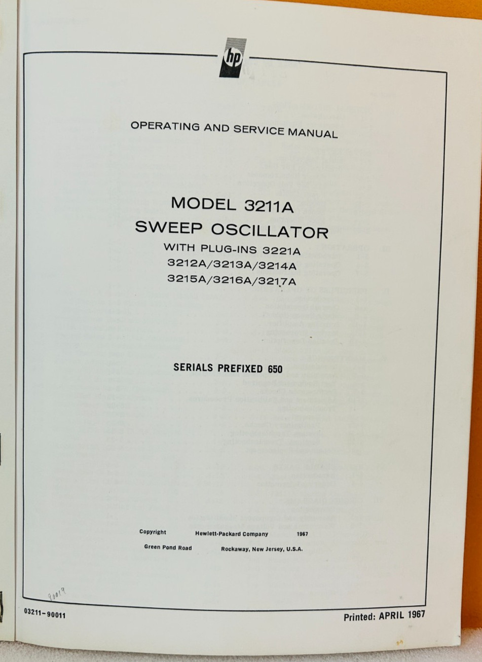 HP 03211-90011 1967 Model 3211A Sweep Oscillator Operating & Service Manual.