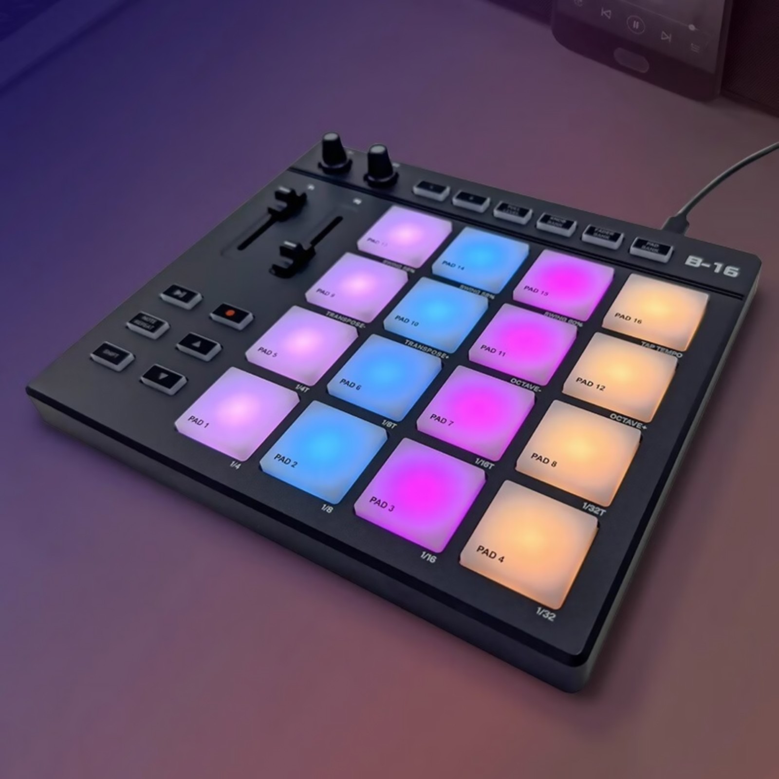 USB MIDI Controller Beat Maker 16 Beat Pads 2 Fader Knobs Drum Machine