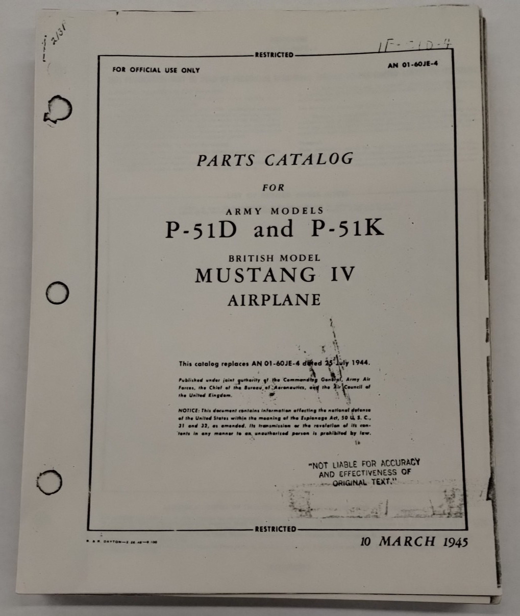 North American Army Models P-51D/-K British Model Mustang IV Airplane Parts