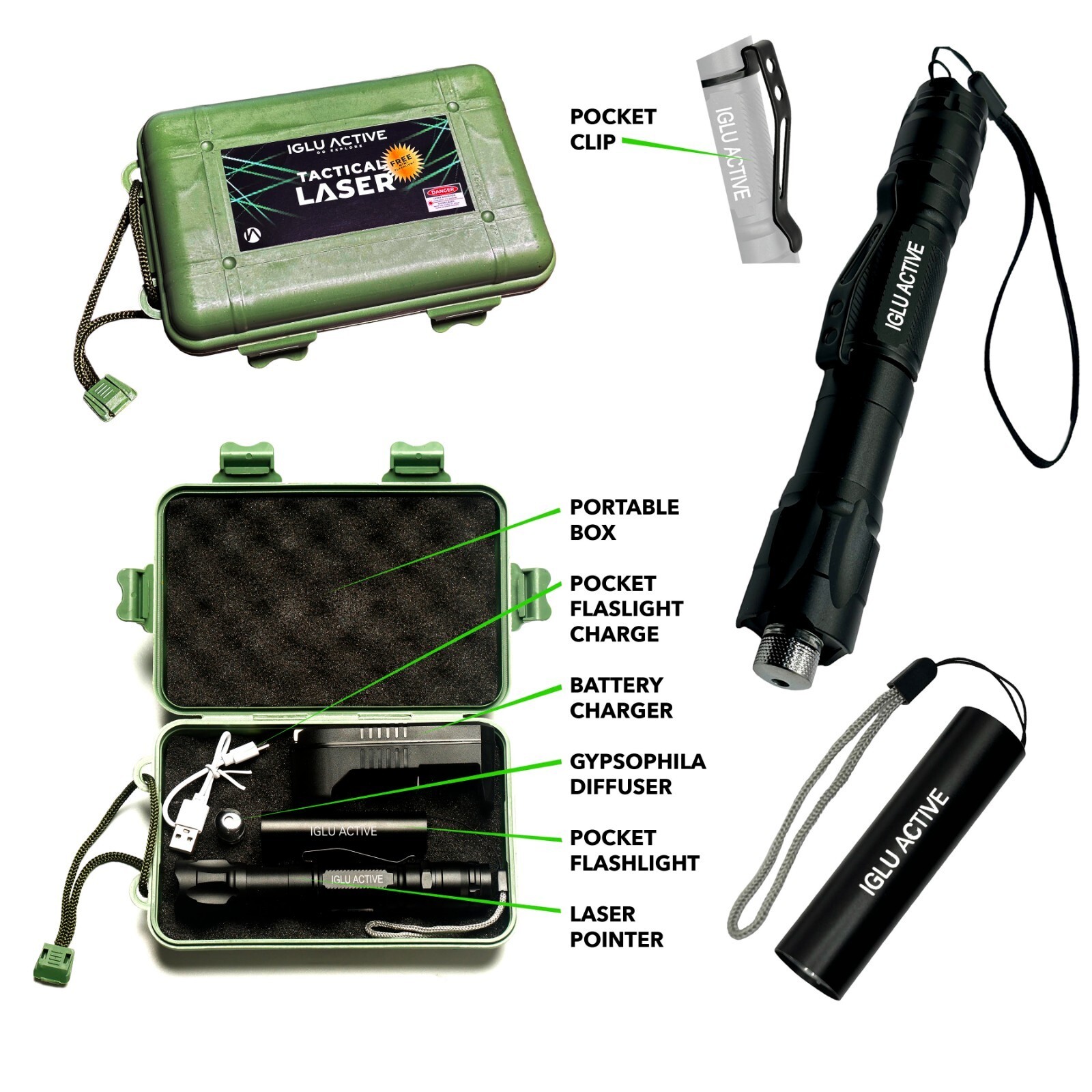 Green Laser Pointer High Power & Free Pocket Flashlight And Case