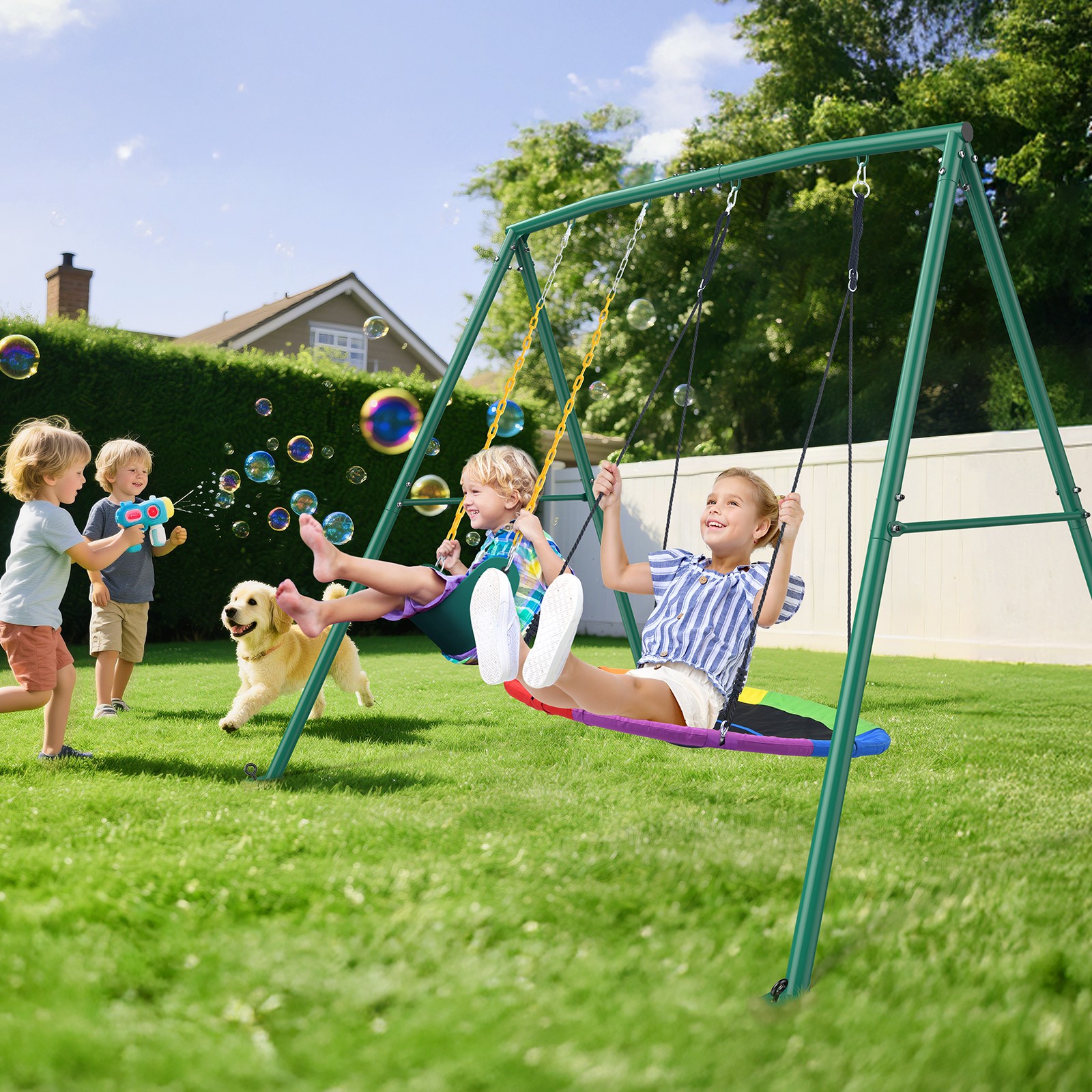 440lbs 2 Seats Metal Swing Set Backyard Kids Adult Outdoor Play Heavy Duty Frame