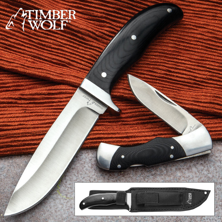 TIMBER WOLF BLACK FORKS HUNTING KNIFE SET W SHEATH FULL TANG 9" BOWIE 7" FOLDER