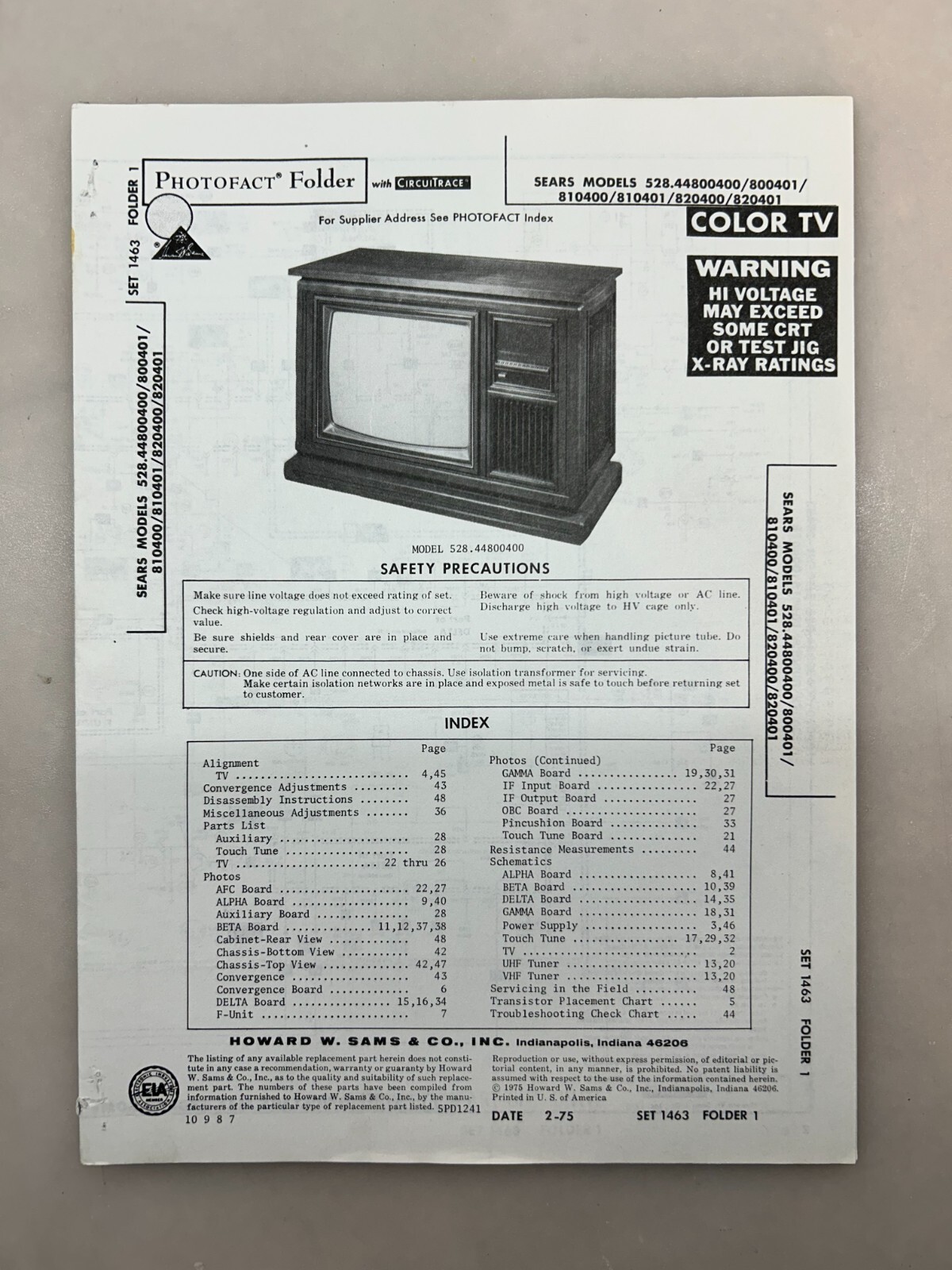 Sears 528.44800400 800401 810400 Service Manual Sams Photofact Free Shipping