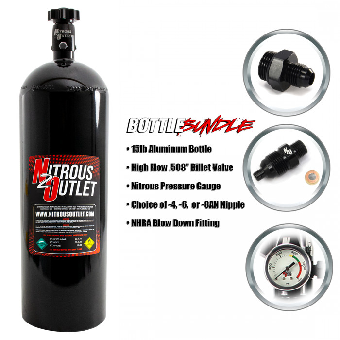 00-30170-4 Nitrous Outlet 15 lb Nitrous Bottle Bundle w/ -4AN Mainline Nipple!