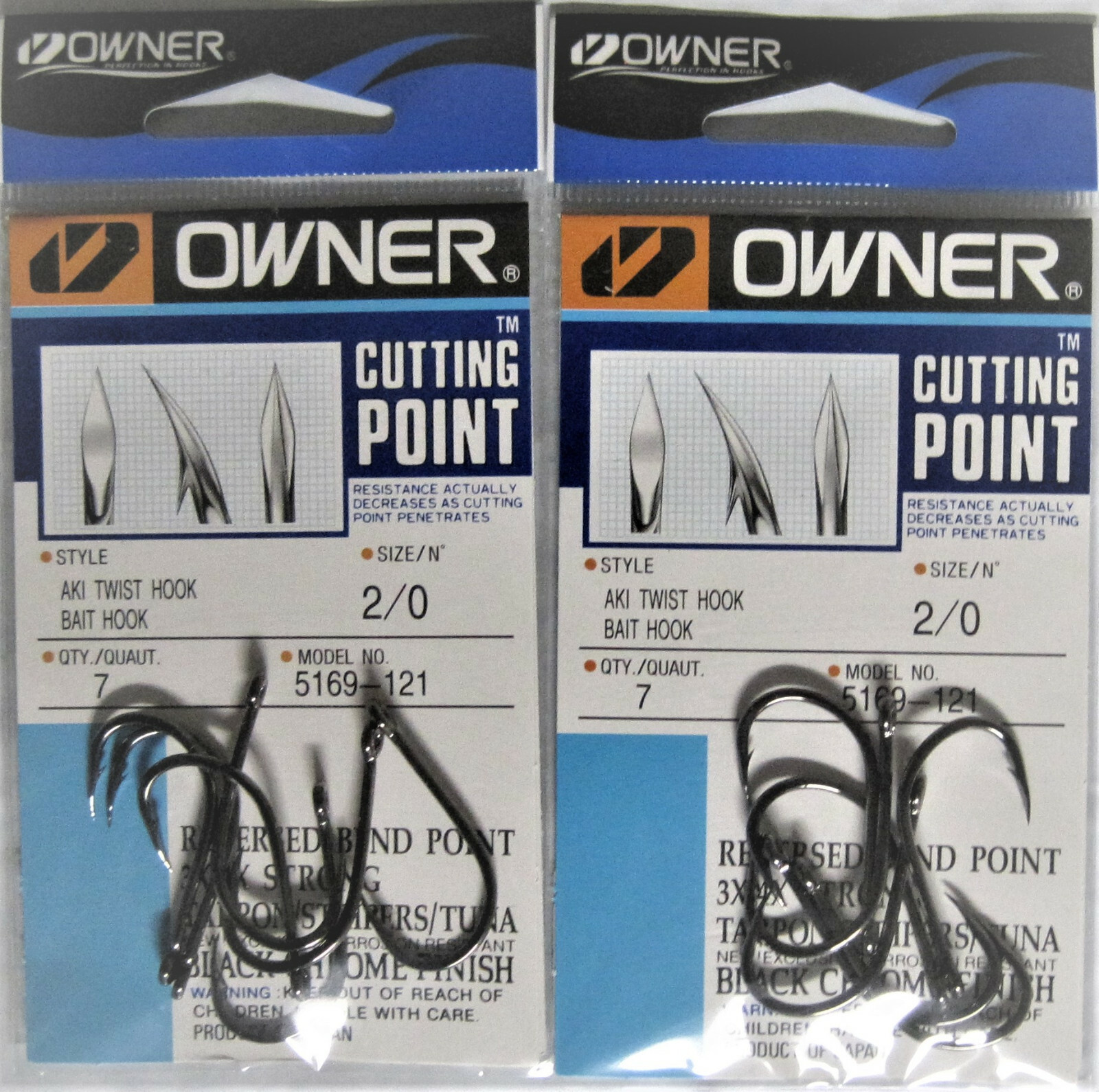 Four (4) packs of Owner Fishing 5169-121 Black Aki Twist Fish Hooks 2/0