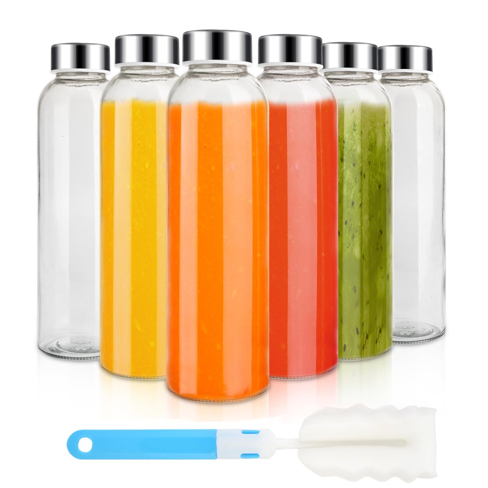 24oz Glass Water Bottle Set of 6 Leak Proof Clear glass juice bottle for juic...