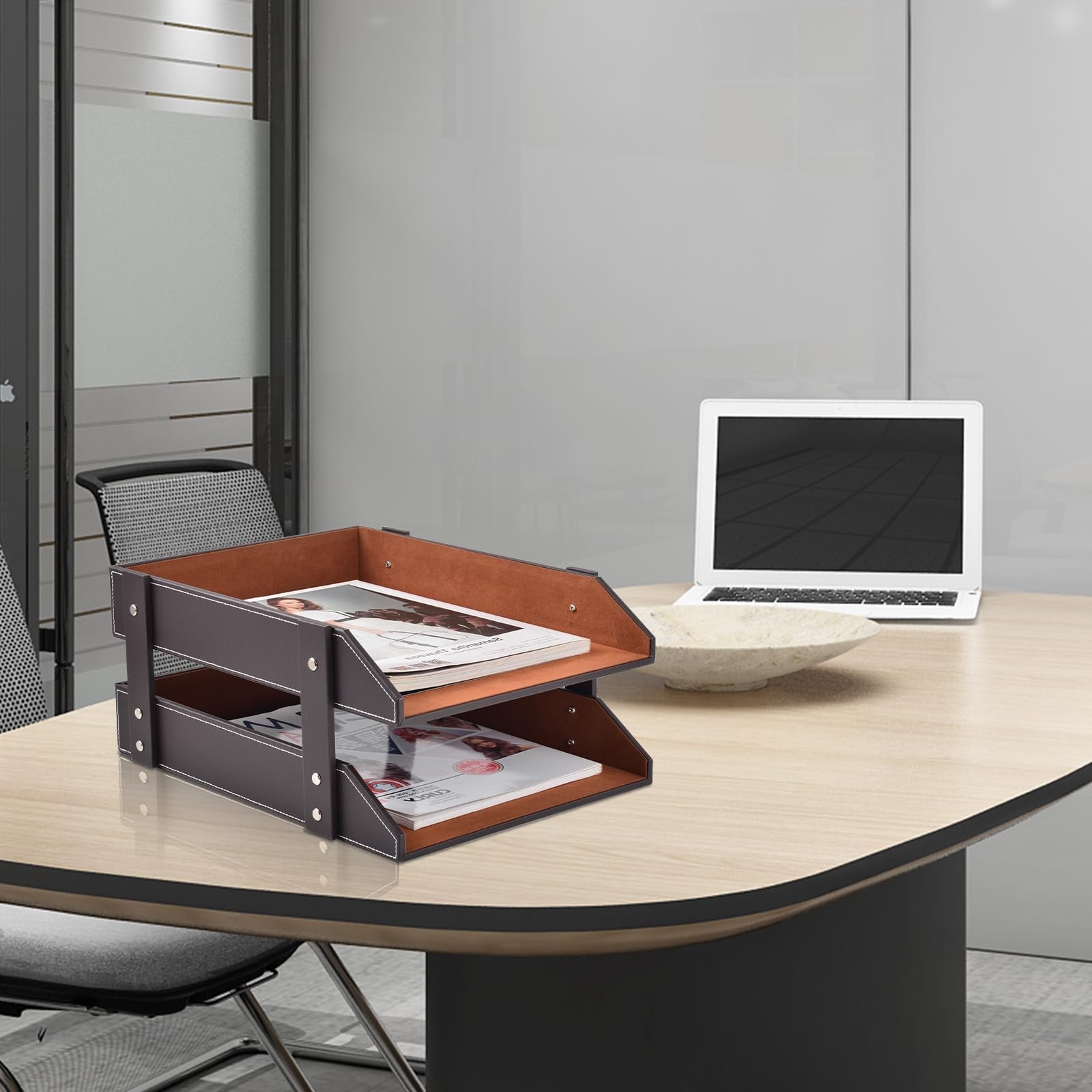 Leather Desk Organizer,2-Tier Stackable Letter Tray Holder,Office Supplies De...