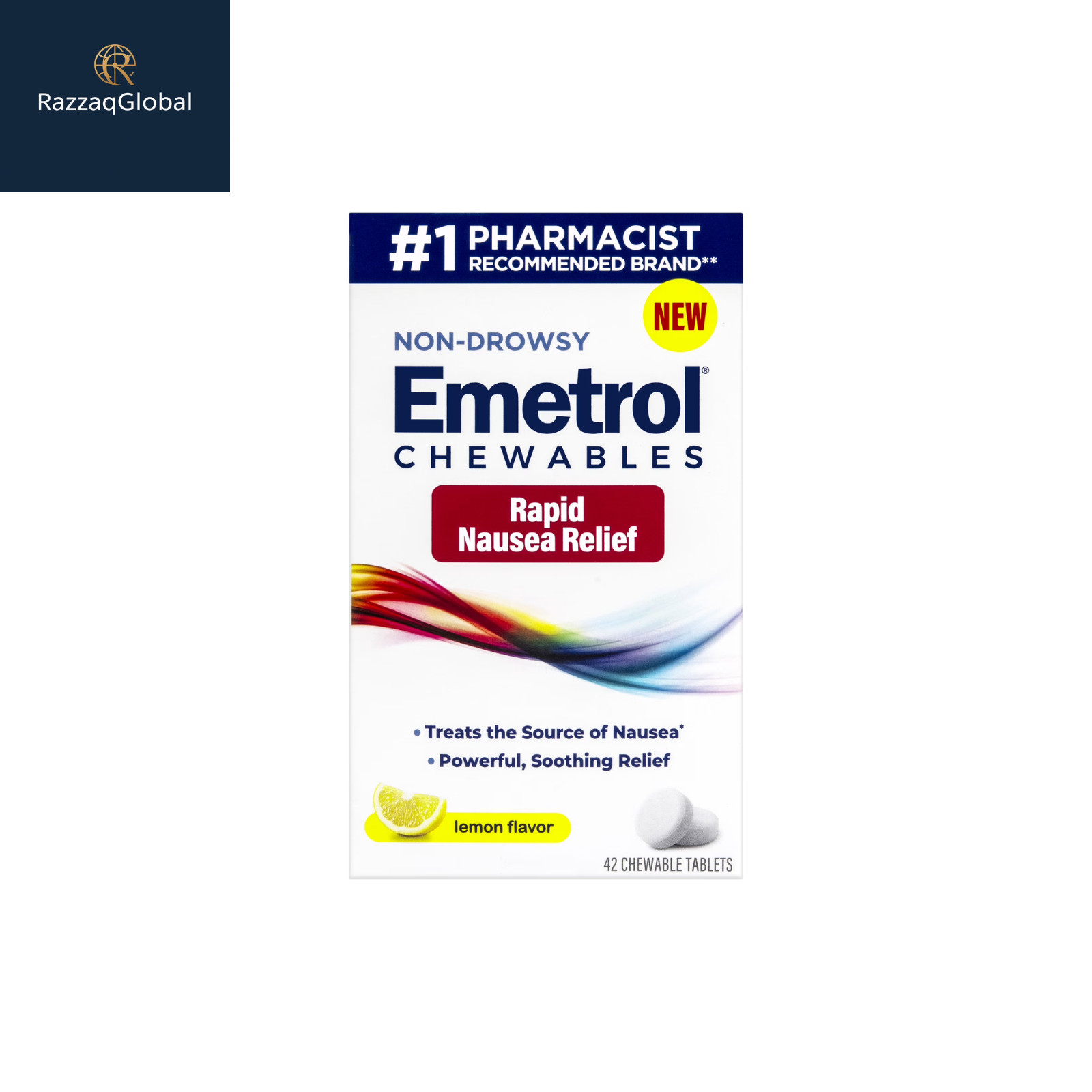 Emetrol Non-Drowsy Chewable Tablets for Rapid Nausea Relief, Lemon Flavor, 42 Ct