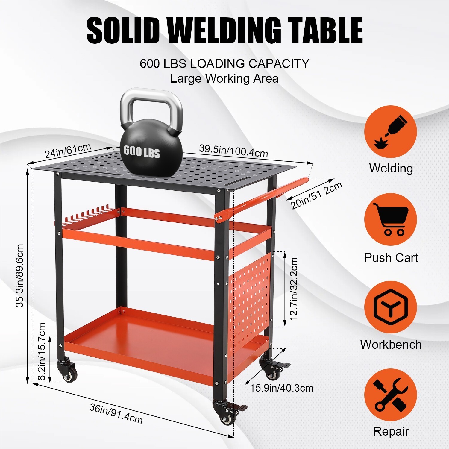 36" x 24" Welding Table Steel Welding Workbench Table with Pegboard & Wheels