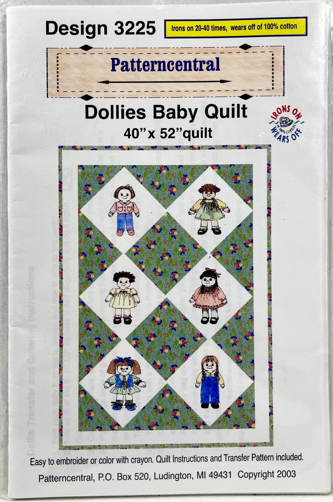 NEW 2003 Patterncentral Sewing Pattern 3225 Dollies Baby Quilt 40x52 Vintg 13886