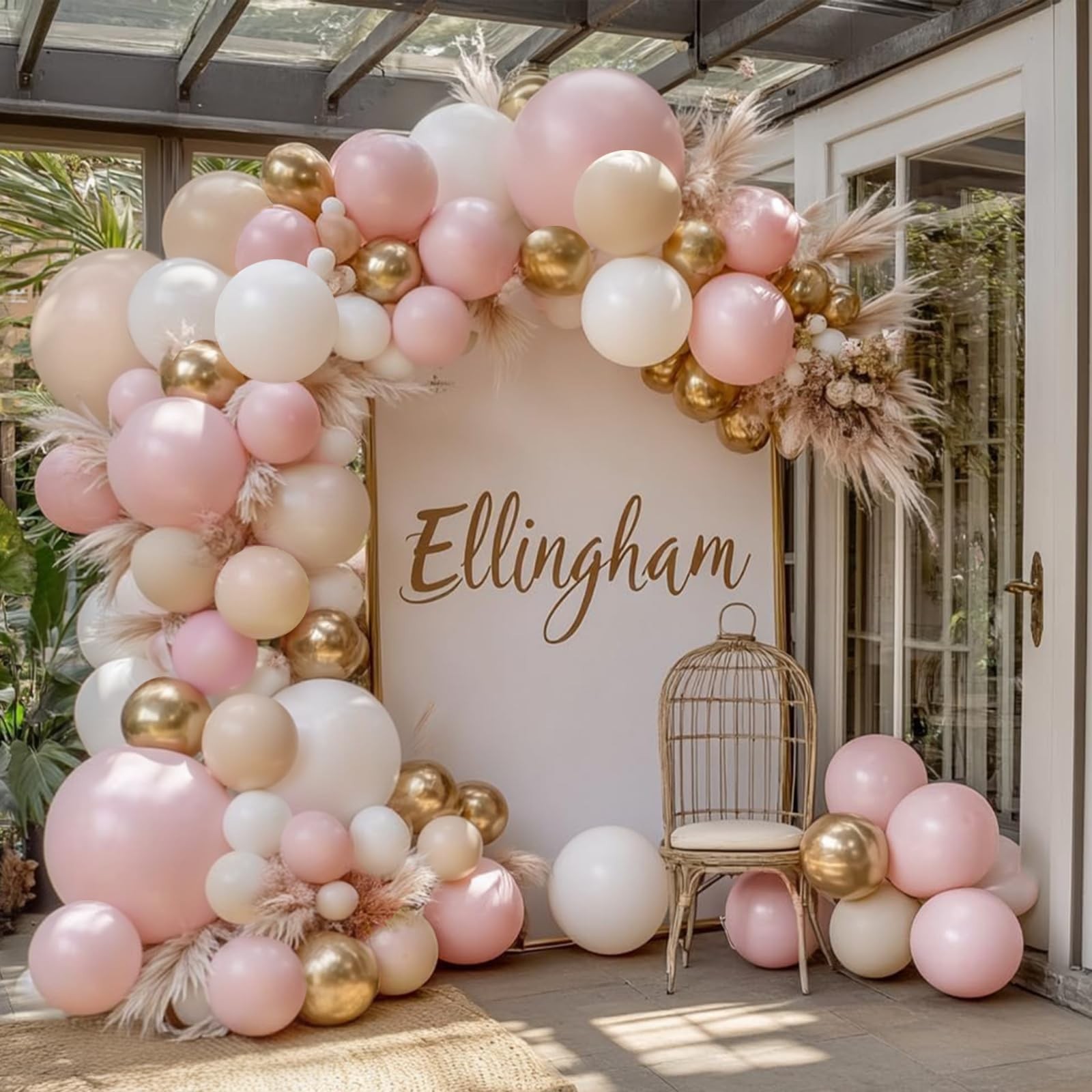 Pink Gold White Balloon Arch Kit, Pastel Light Pink and Beige Sand White Gold...