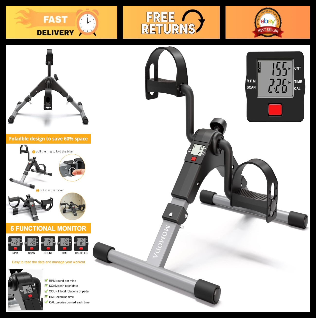 Foldable Pedal Exerciser Bike for Desk - Arm & Leg Workout, LCD Monitor, Portabl