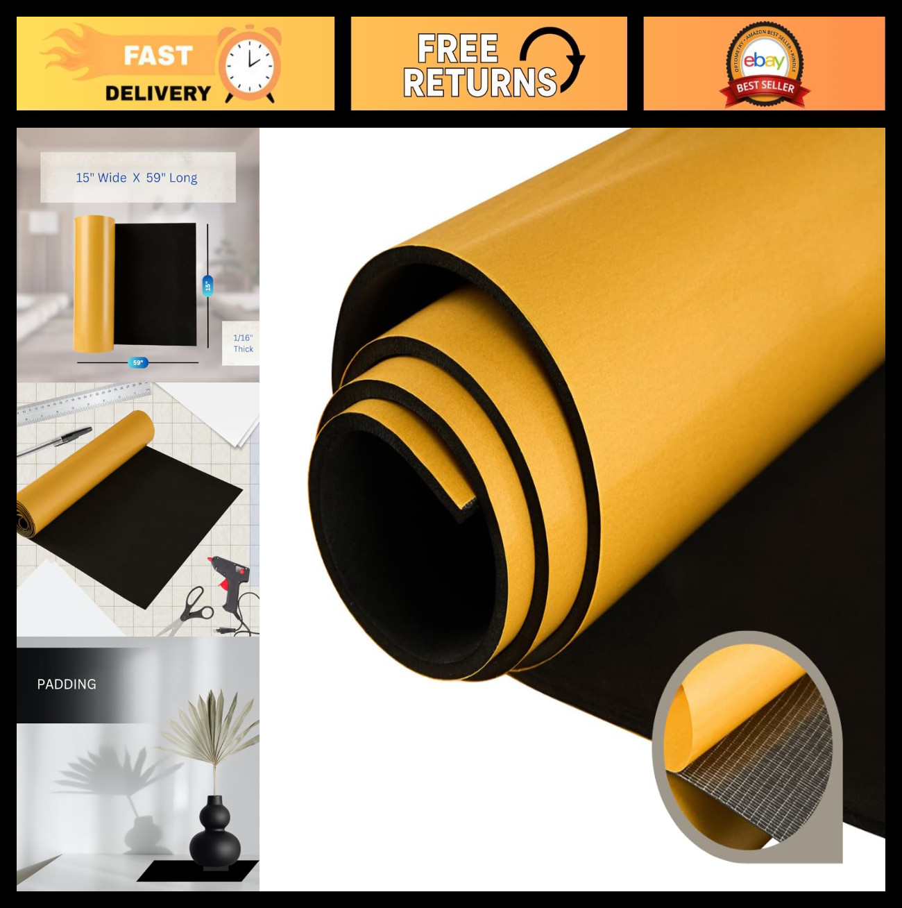 High Density EVA Foam Sheet 15"x59" Black Adhesive Backing - Craft, Cosplay, DIY