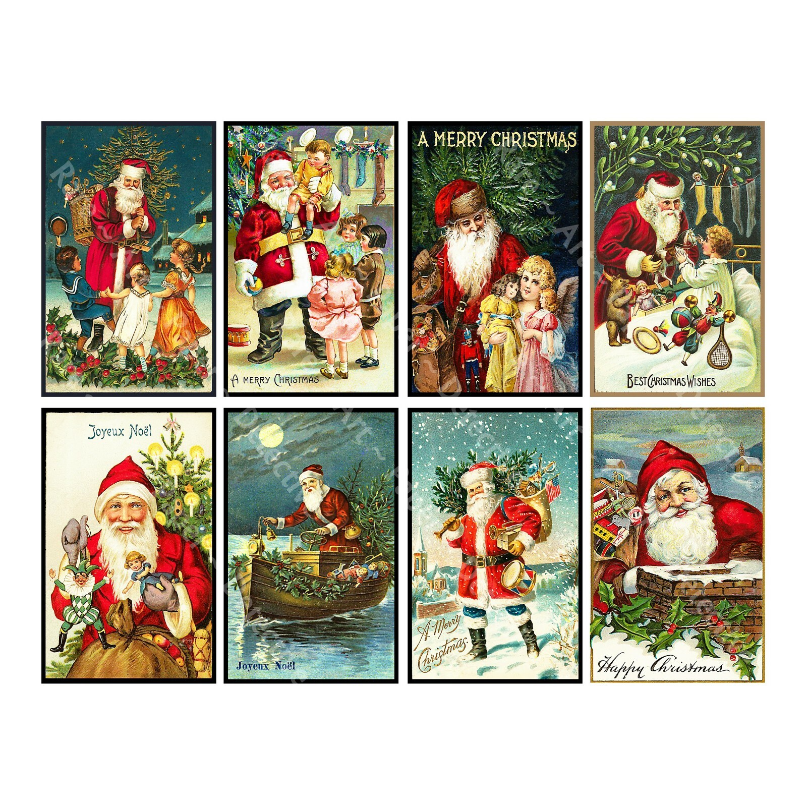 CHRISTMAS STICKERS, 8 Holiday Postcard Style Sticker Reproductions, Santa Claus