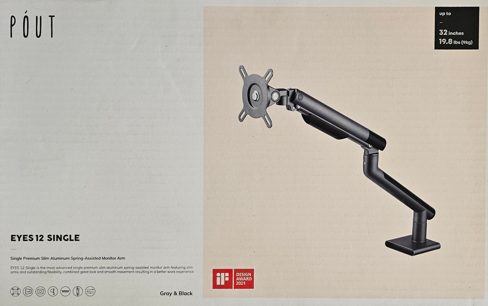 POUT Eyes 12 Single Premium Slim Aluminum Spring Assisted Monitor Arm Gray/Black