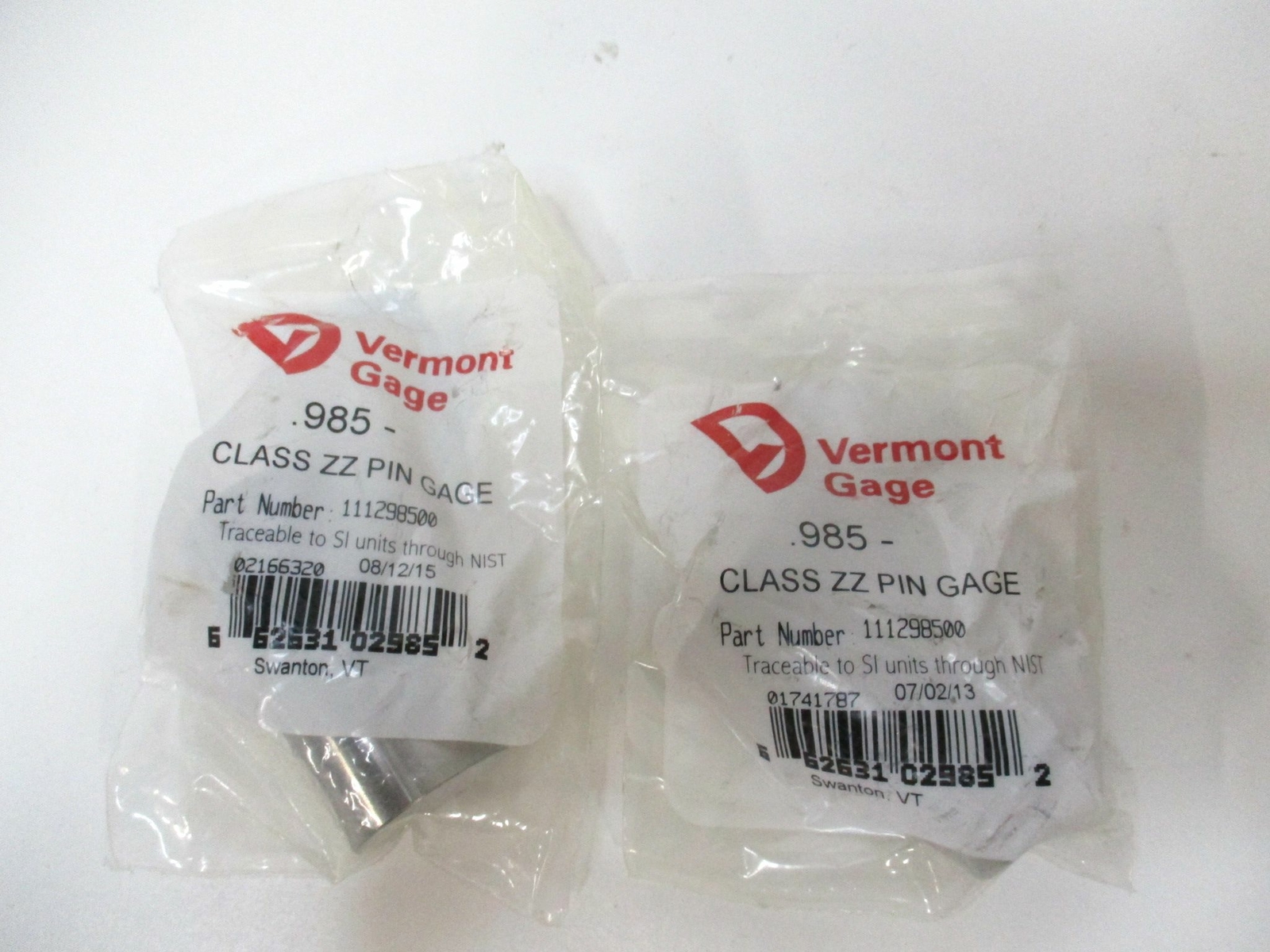 Vermont Gage (111298500) 0.985" Tolerance Class ZZ Steel No-Go Pin Gage - Qty 2