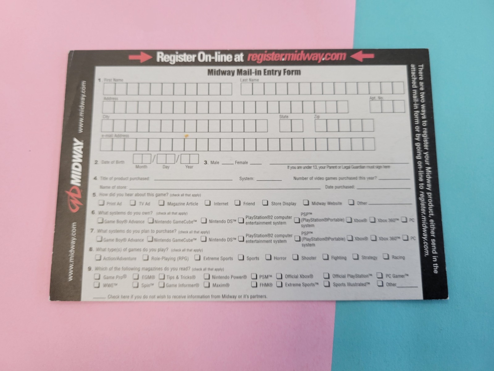 Midway Registration Mail In INSERT ONLY Authentic GameCube PlayStation 2 XBOX