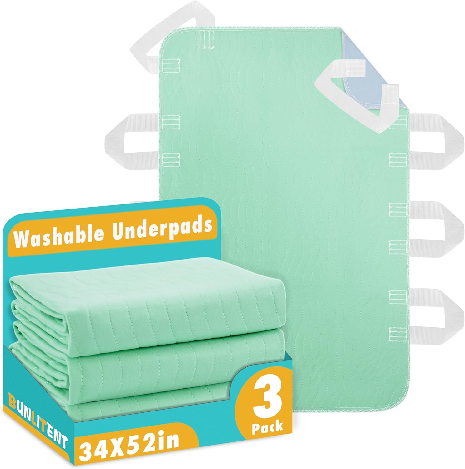 Incontinence Washable Bed Pads with 8 Sturdy Handles, 34”×52”,3 Pack, Positionin