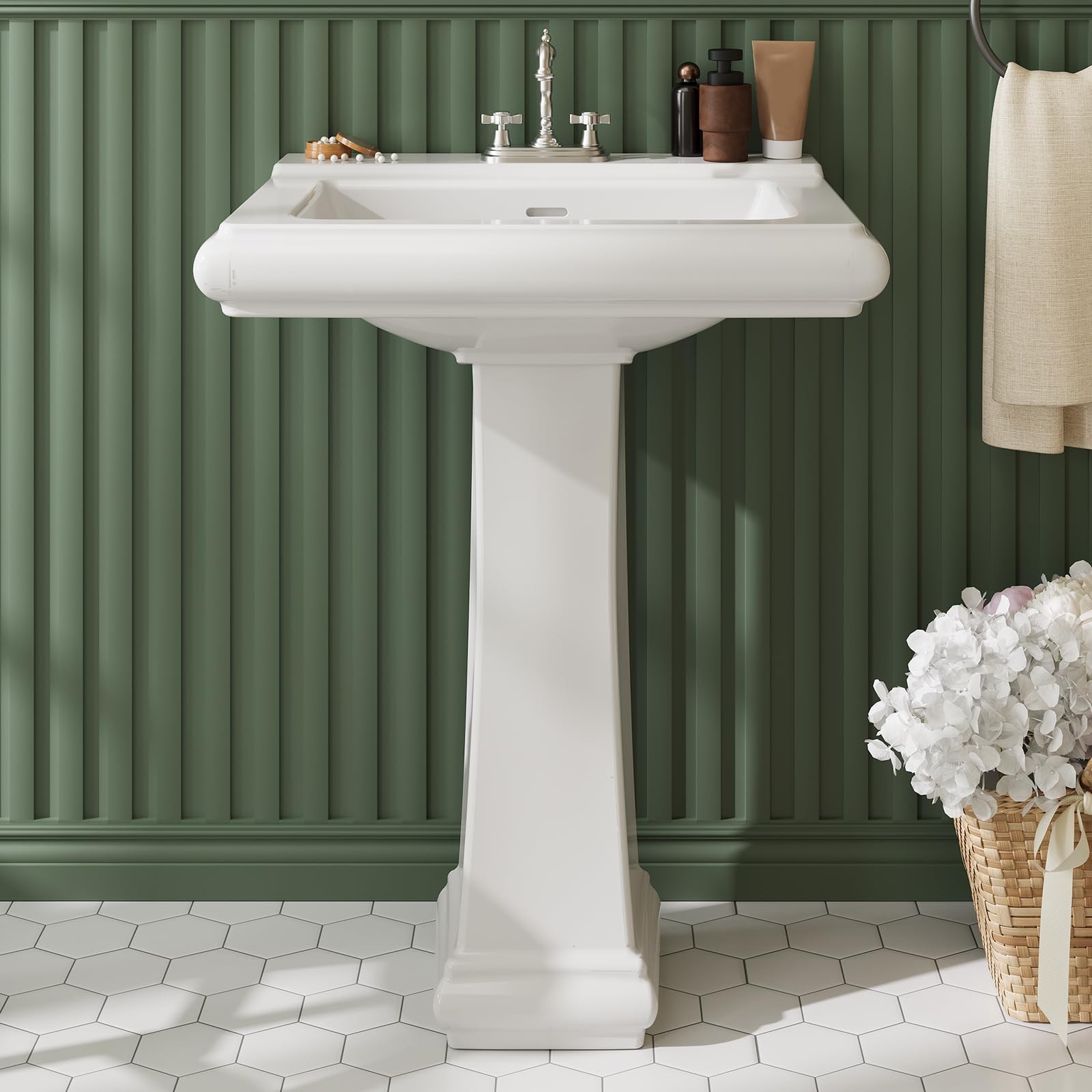 Pedestal Sink Square Ceramic Basin with 4 inch 3-Hole Faucet Setup, Large Bat...