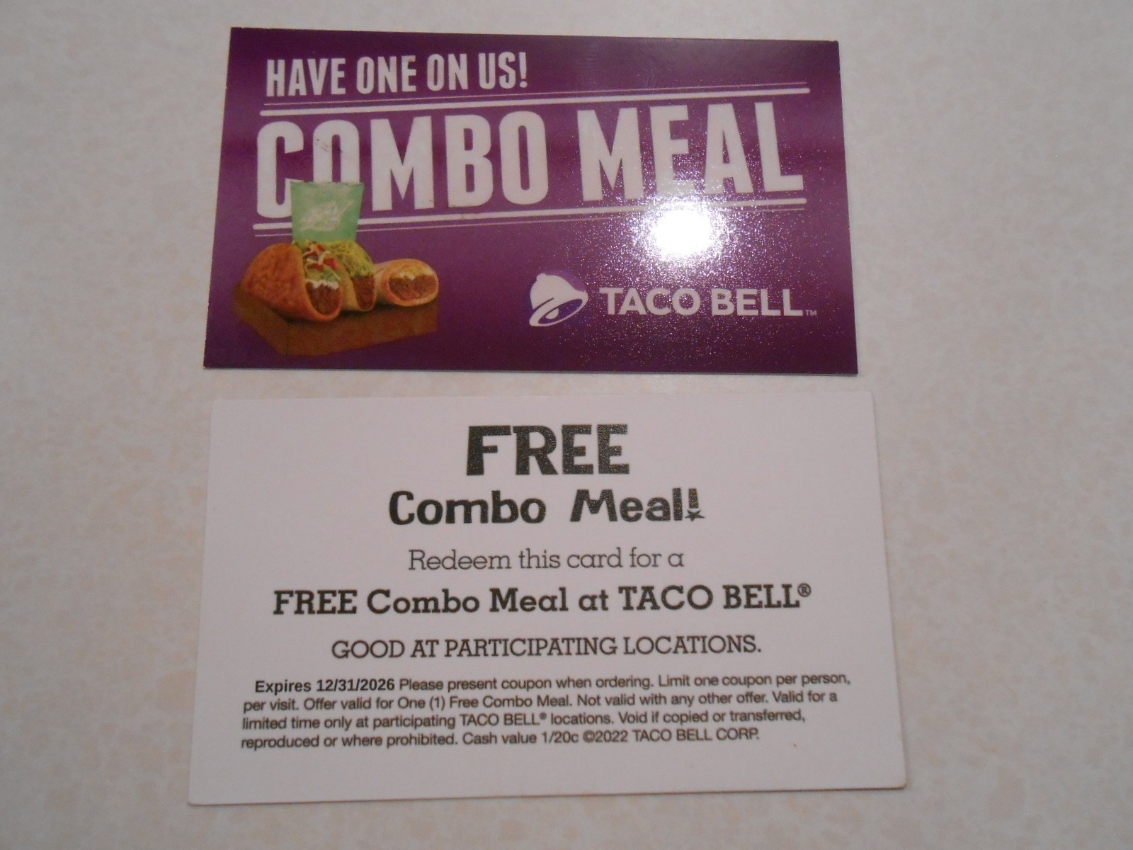 Lot of 10 Taco Bell Combo Meal Cards