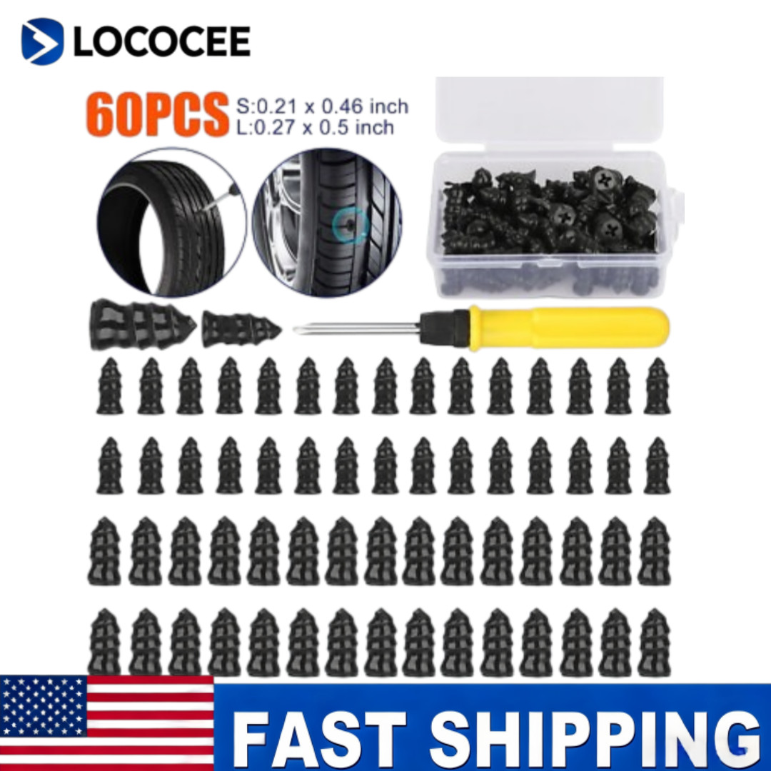 60PCS SET CAR VACUUM TIRE REPAIR NAIL RUBBER SCREW W/ SCREWDRIVER TOOLS + BOX US