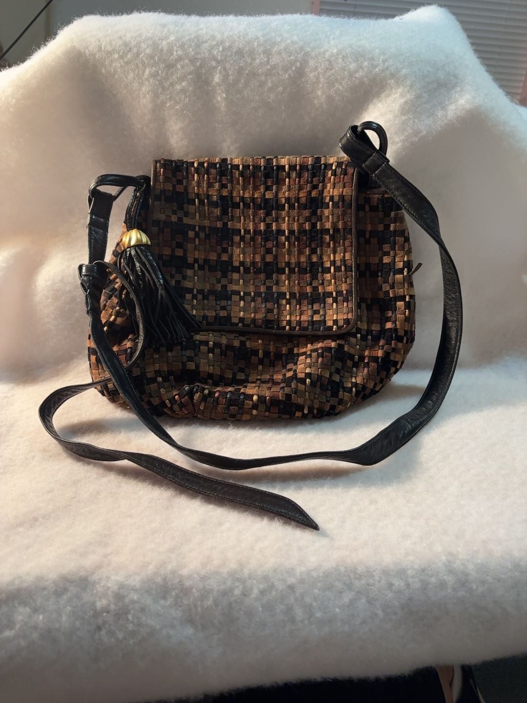 Vintage Woven Leather Multi-Color Crossbody Bag with Tassel