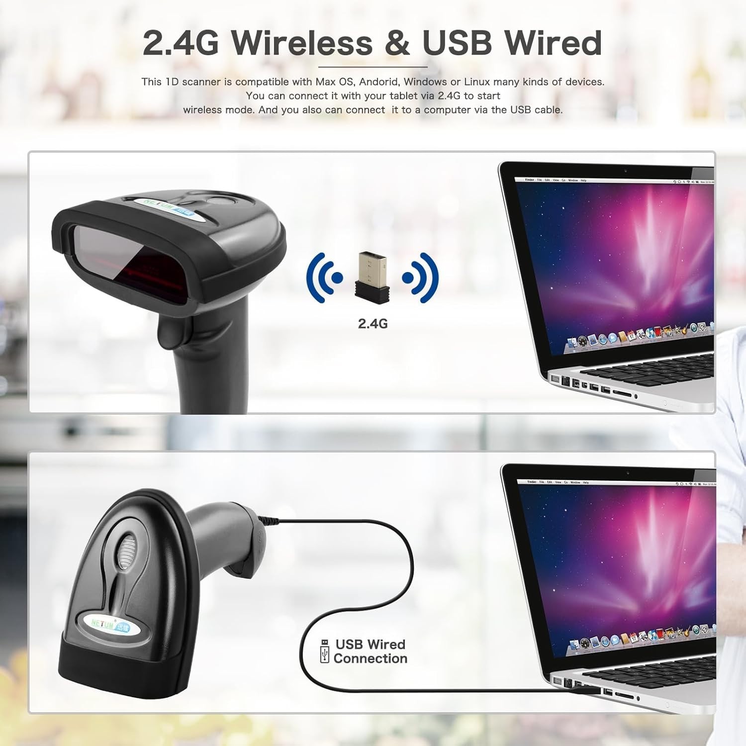 2-in-1 Wireless & USB Barcode Scanner - Rechargeable 1D Laser Reader (NT-1698W)