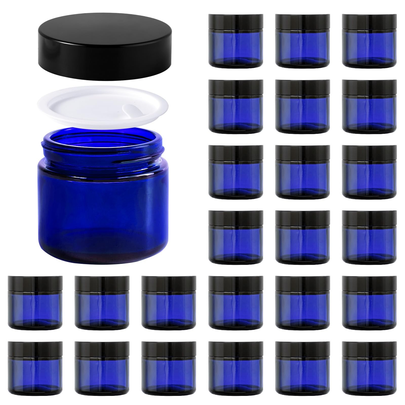 2oz Jars with Lids, Hoa Kinh 24 Pack Blue Cosmetic Glass Jars with Lids