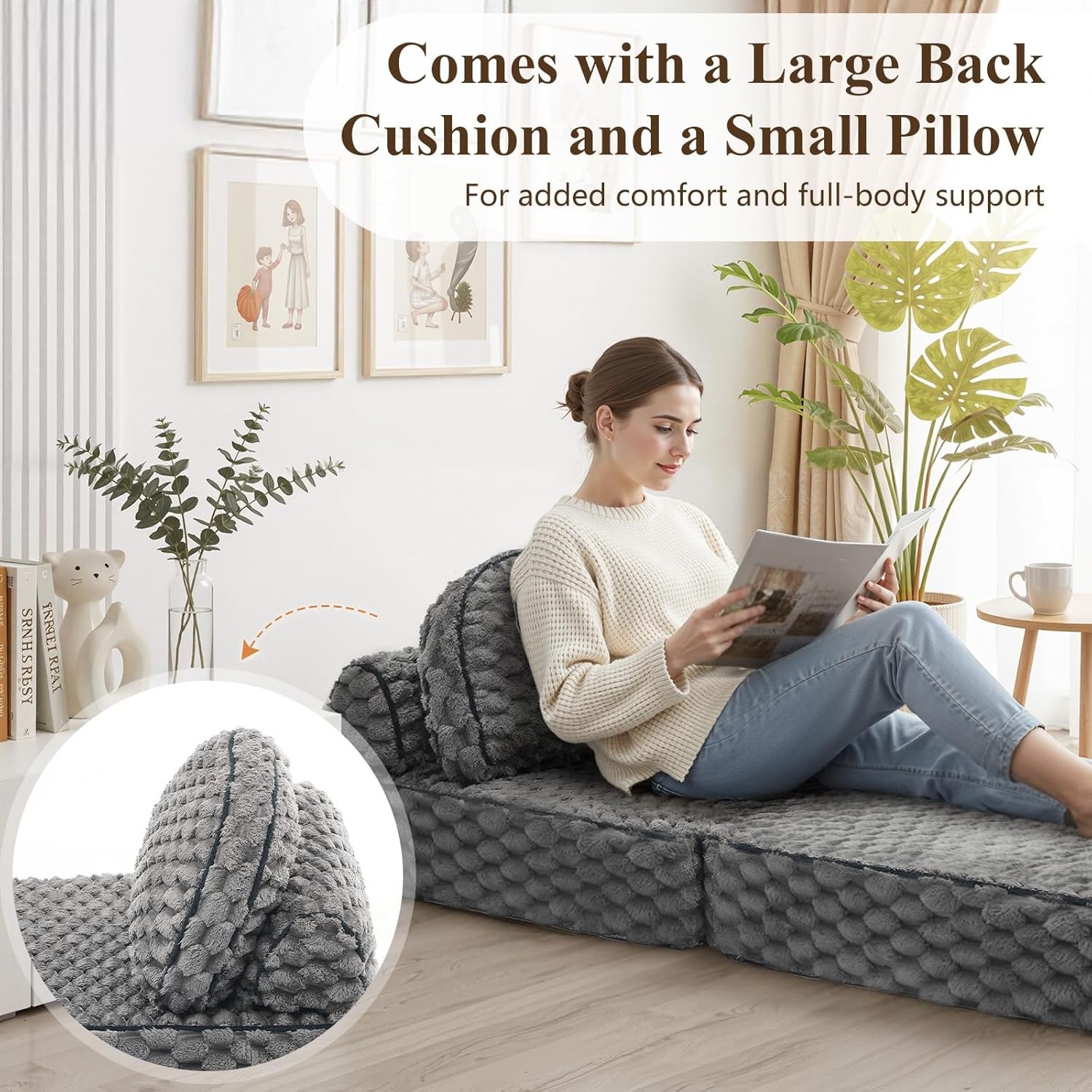 Folding Sofa Bed 3-in-1 Convertible Sleeper Chairs W/ Pillow,Back Support Fuzzy