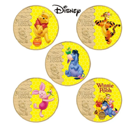 Disney Winnie the Pooh Bear Tigger Piglet Eeyore Gold Plated Medal 5 Coin Set
