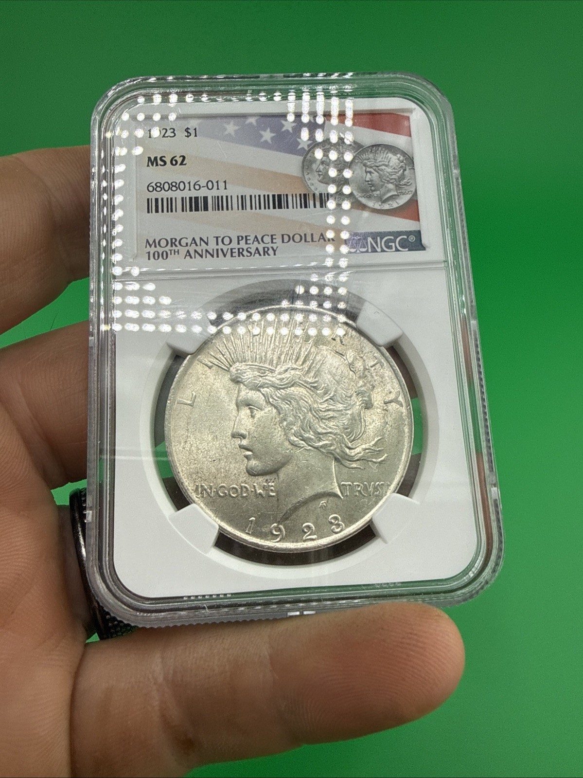 1923 Peace Silver Dollar MS62 NGC 100th Anniversary Flag Label Fire Multiple Ava