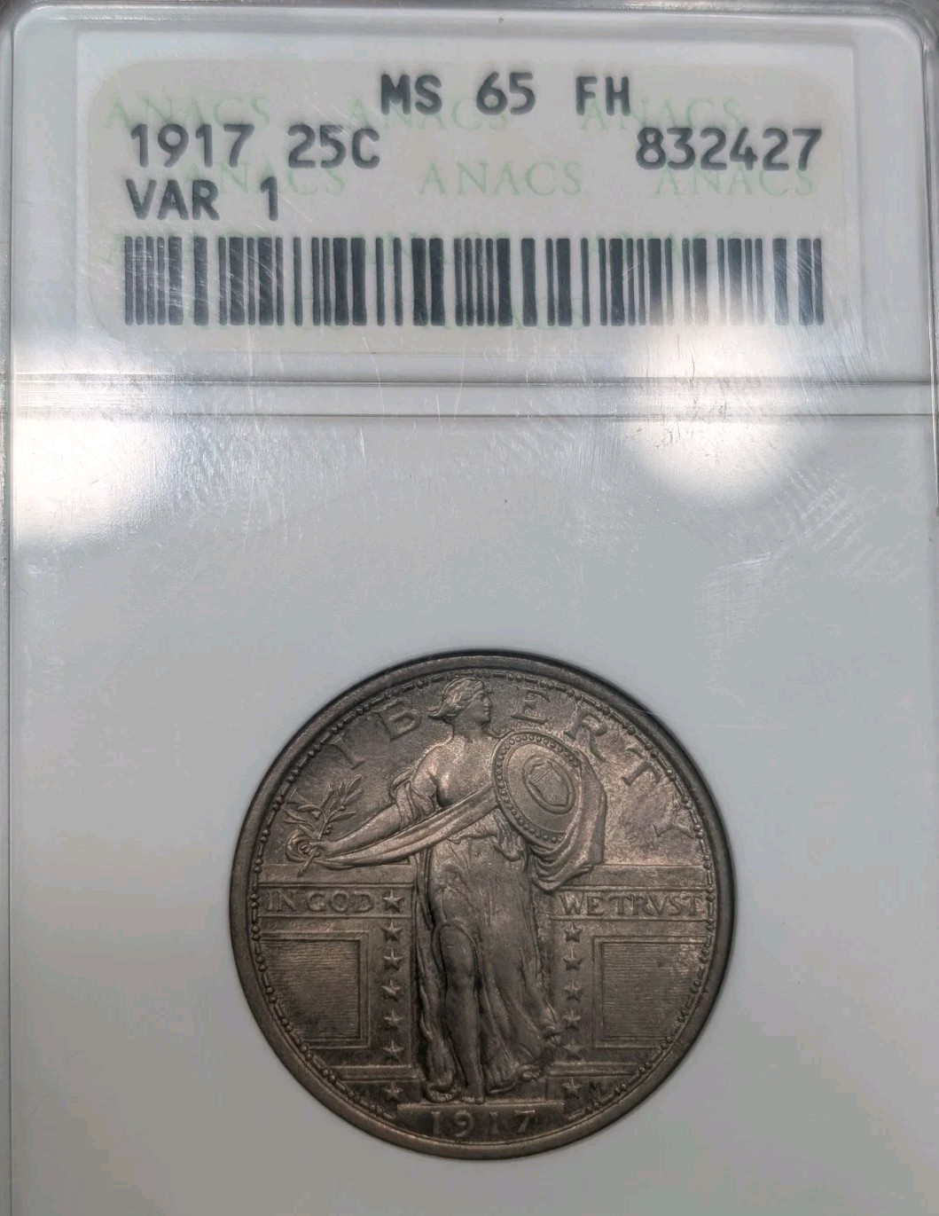 1917-P Type 1 Standing Liberty Quarter ANACS Old Soapbox MS65FH Nice SLQ