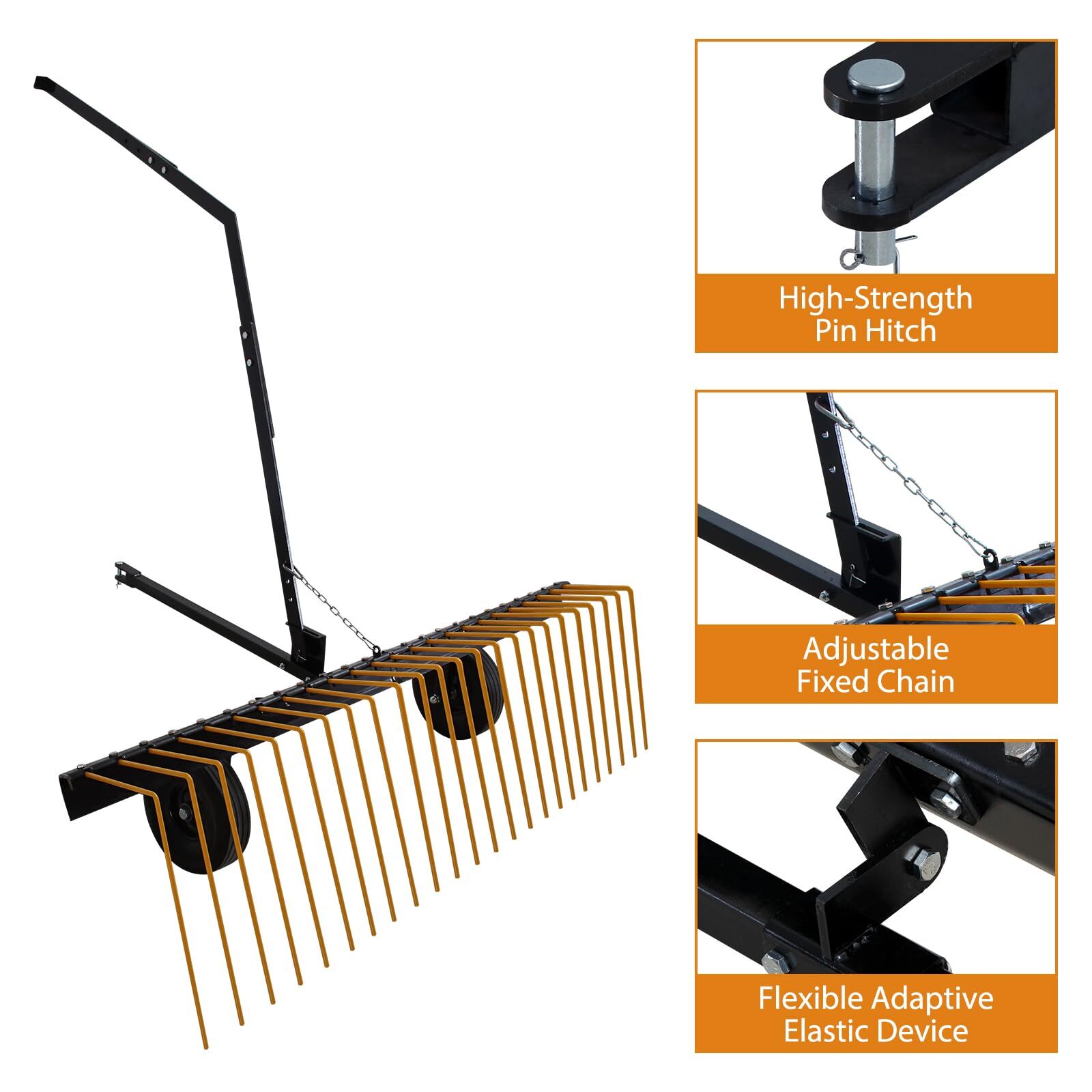 60" Width ATV UTV & Lawn Tractor Tow Behind Steel Pine Straw Rake Landscape Rake