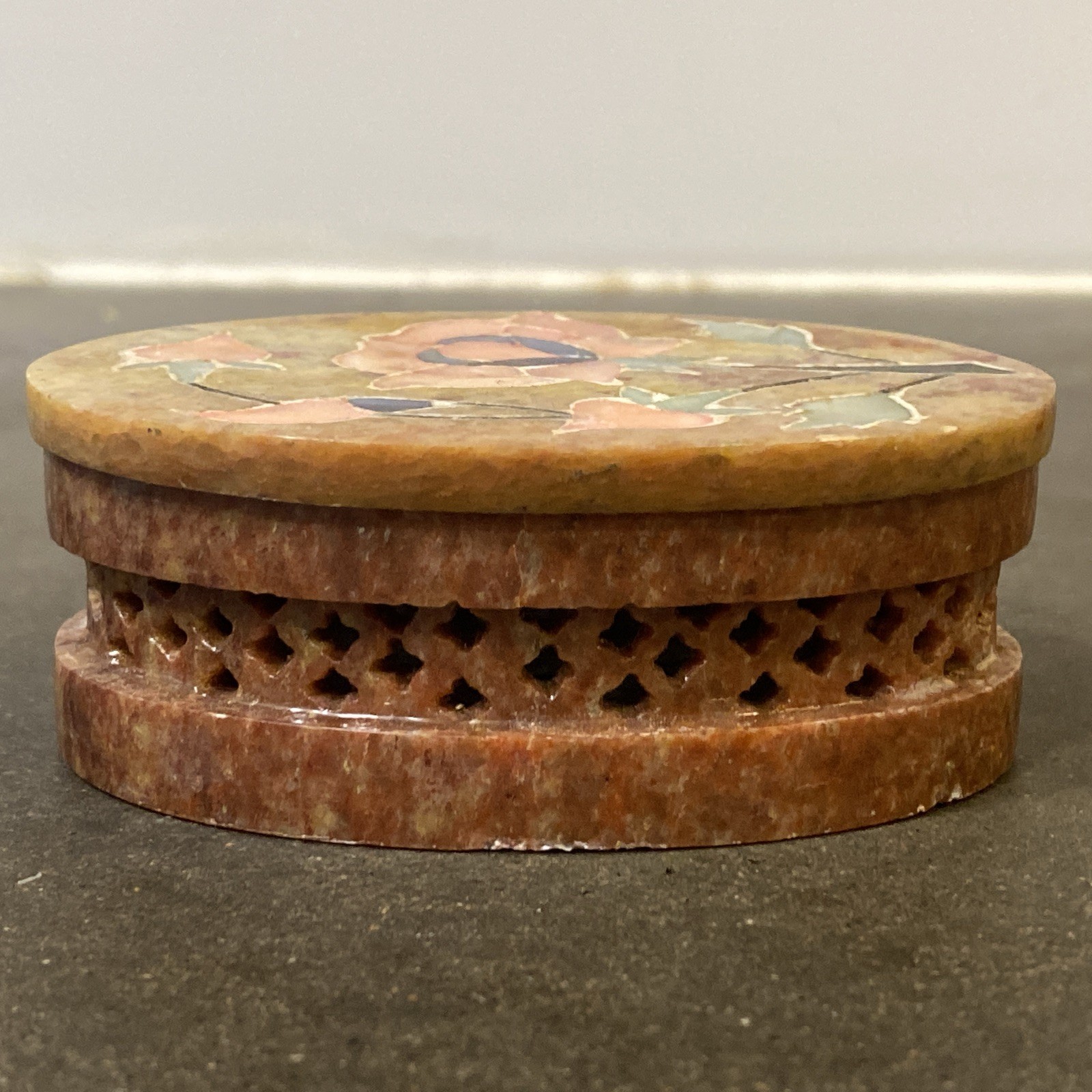 Stone Trinket Box with Inlaid Flowers