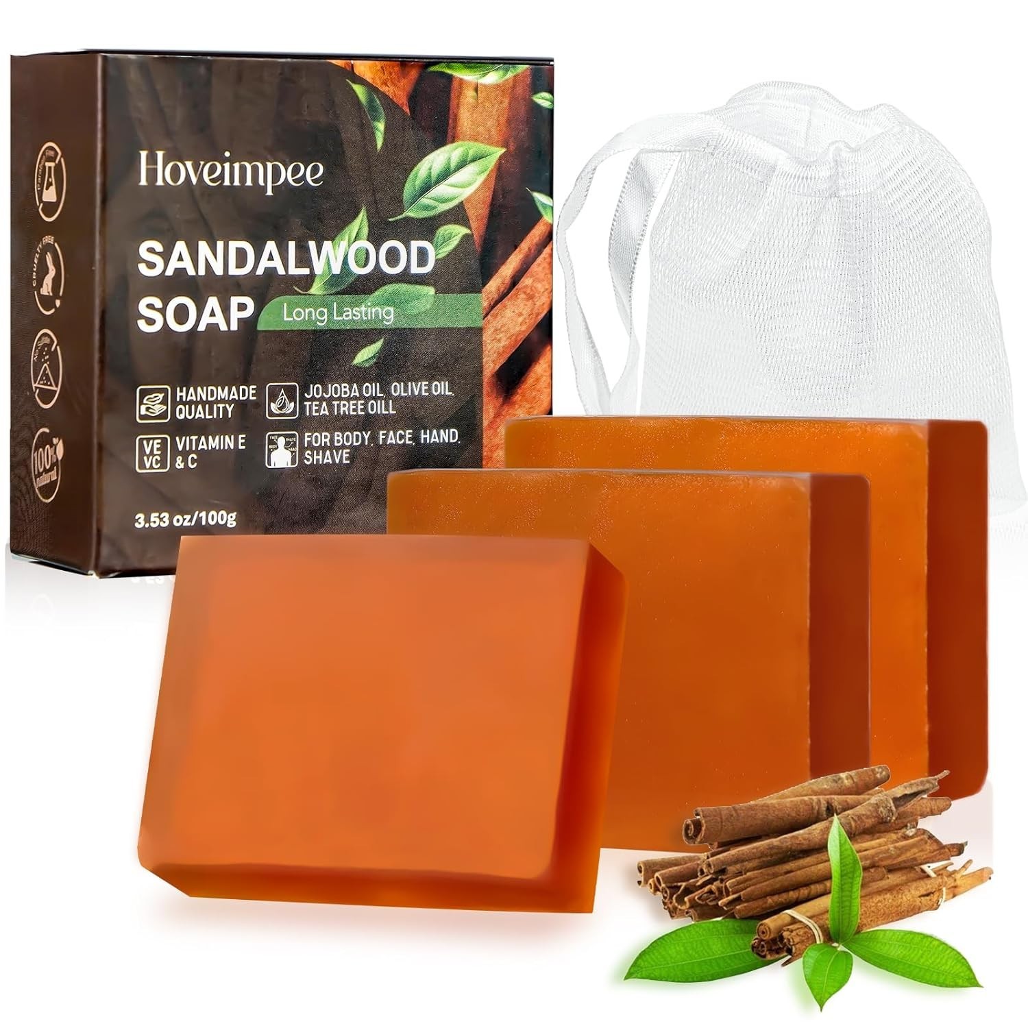 3 Pack Sandalwood Mens Bar Soap, Natural Soap Infused Jojoba  3.53 oz  Soap Bar