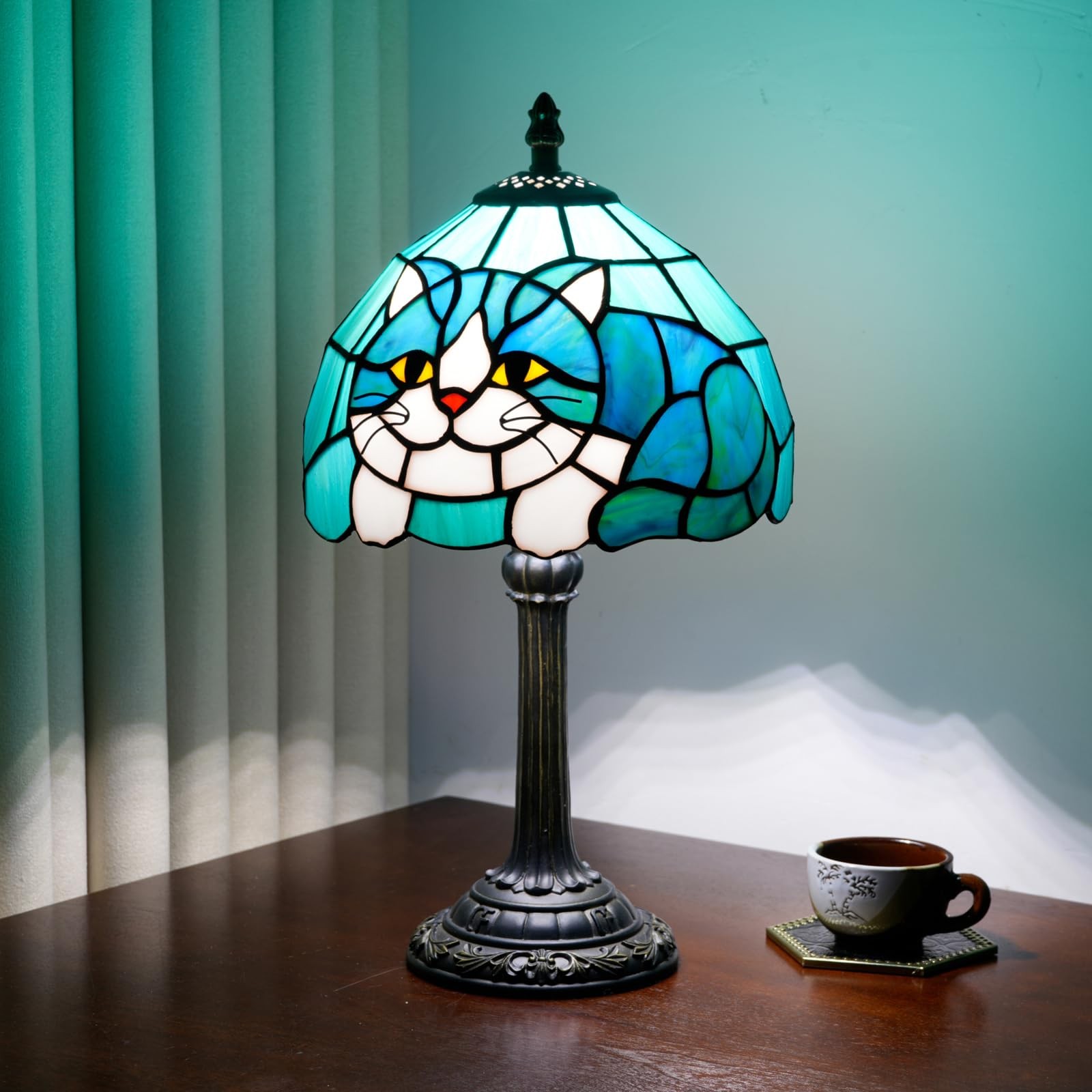 Tiffany Lamp Stained Glass Table Lamp 8X8X14 Inches Cat Style Living Room Bed...