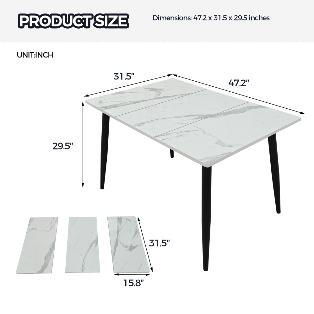Rectangular Dining Table for 4 w/ Metal Frame, Wood Top, White, Easy Assembly