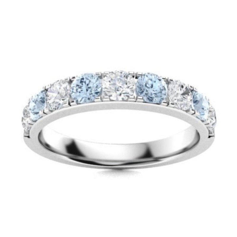 Half Eternity Band Ring 4MM Round Aquamarine 925 Sterling Silver Ring For Women