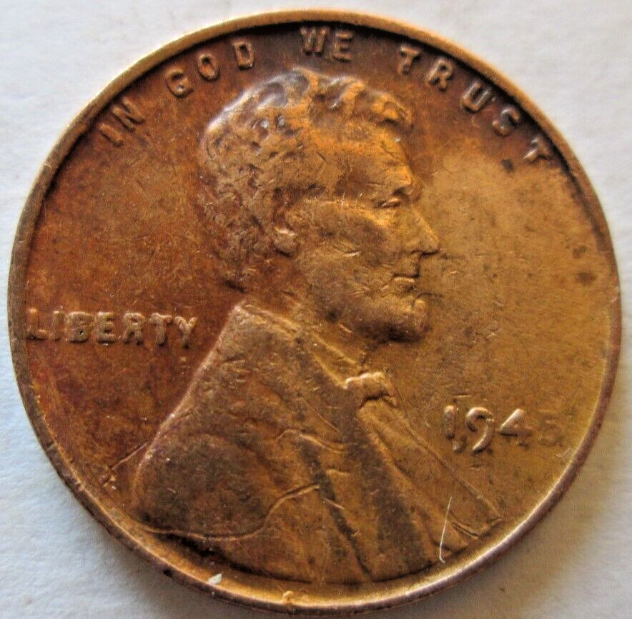 1945-P WHEAT CENT GREASE STRIKE ERROR AT DATE, BN, XF, CIRCULATED
