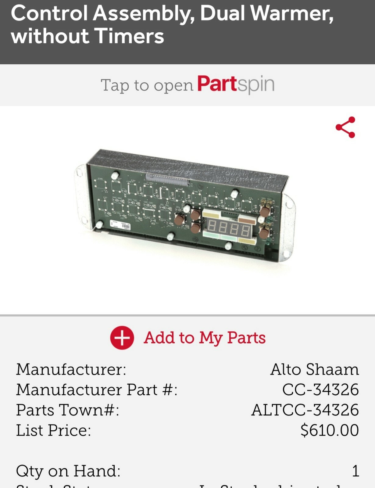 Alto Shaam CC-34326 Control,Asb,Dual Warmer - Free Shipping + Genuine OEM